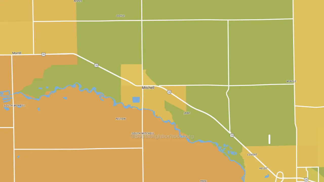 Map of the best neighborhoods in the 69357 area, with better matches in green and worse matches in red