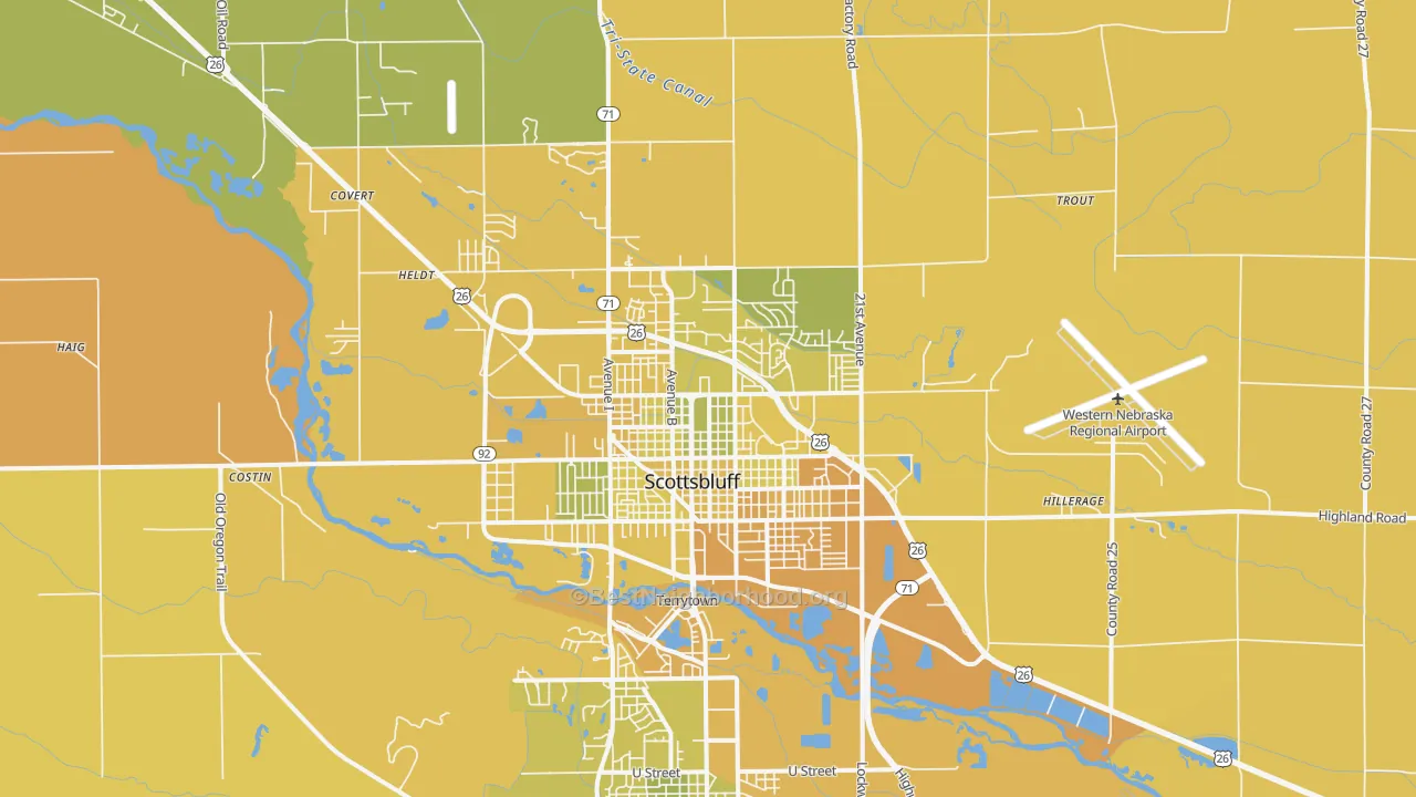 Map of the best neighborhoods in the 69361 area, with better matches in green and worse matches in red