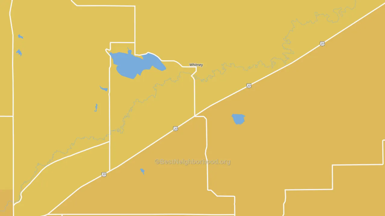 Map of the best neighborhoods in the 69367 area, with better matches in green and worse matches in red
