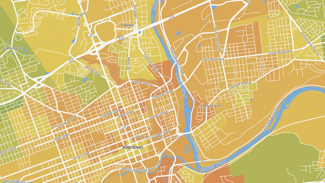 Map of the best neighborhoods in the 6th Ward, Allentown area, with better matches in green and worse matches in red