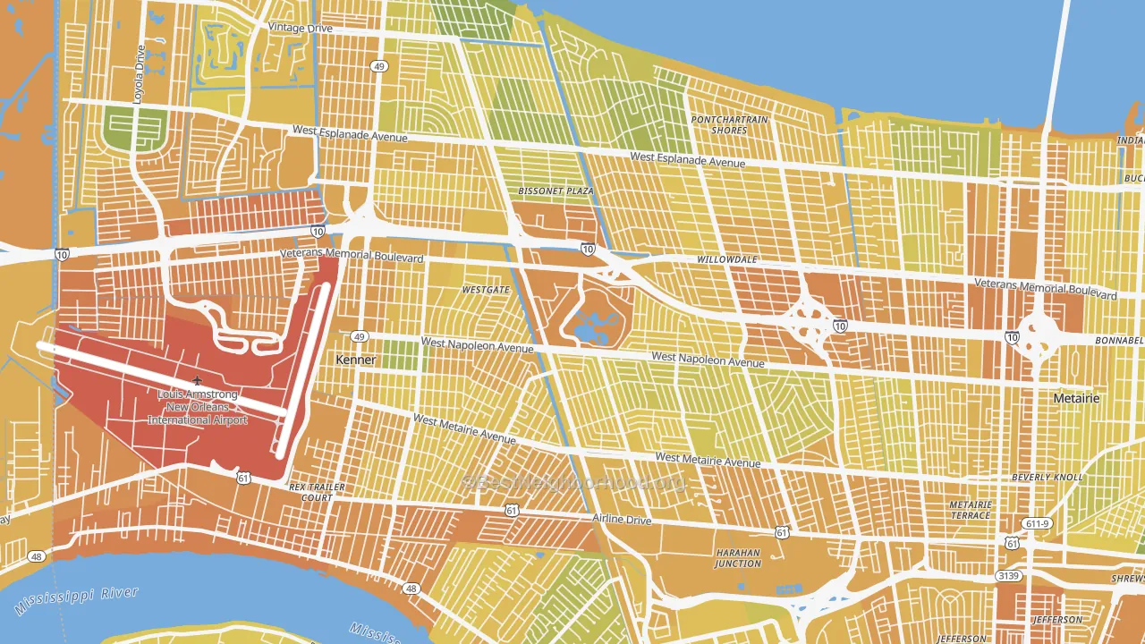 Map of the best neighborhoods in the 70003 area, with better matches in green and worse matches in red