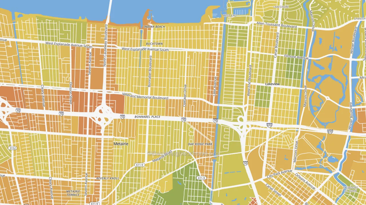 Map of the best neighborhoods in the 70005 area, with better matches in green and worse matches in red