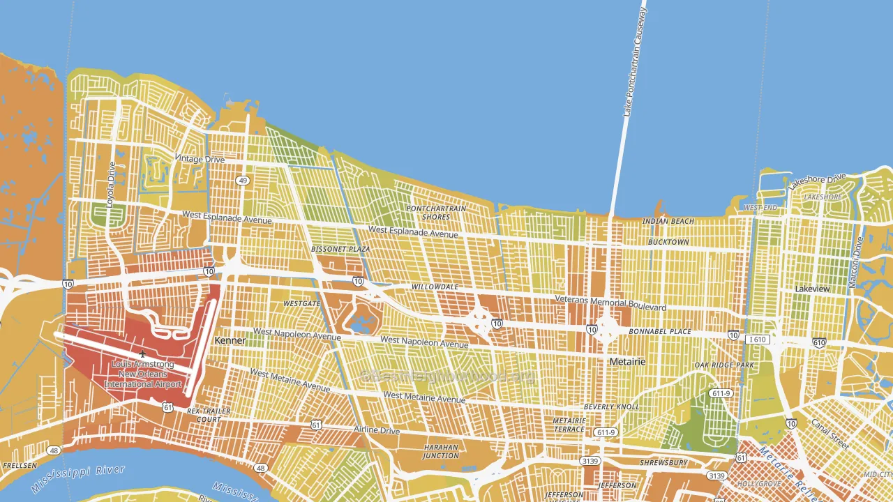 Map of the best neighborhoods in the 70006 area, with better matches in green and worse matches in red