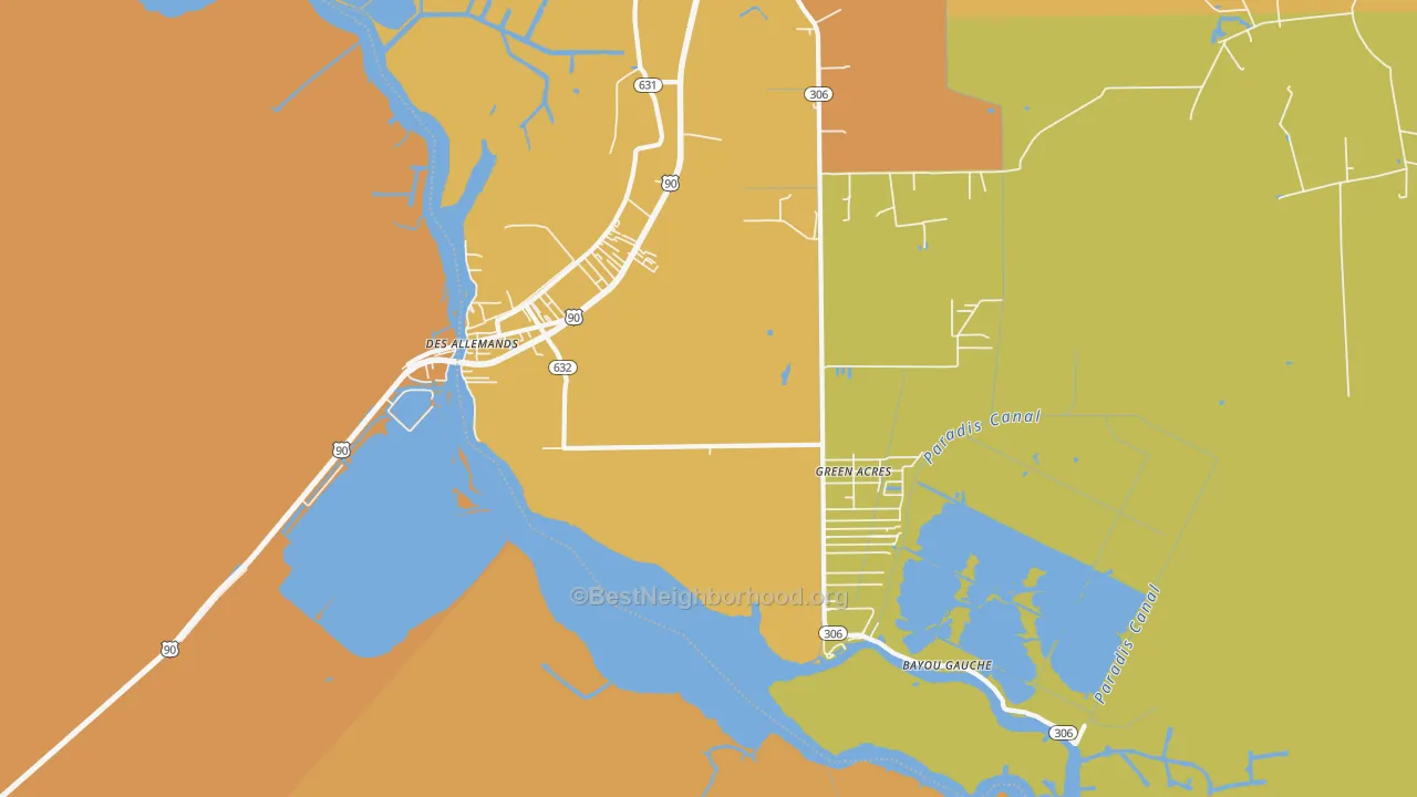 Map of the best neighborhoods in the 70030 area, with better matches in green and worse matches in red
