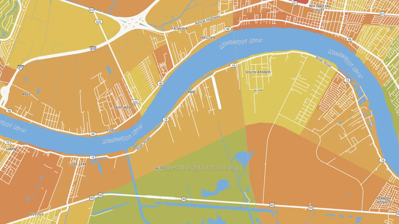 Map of the best neighborhoods in the 70031 area, with better matches in green and worse matches in red