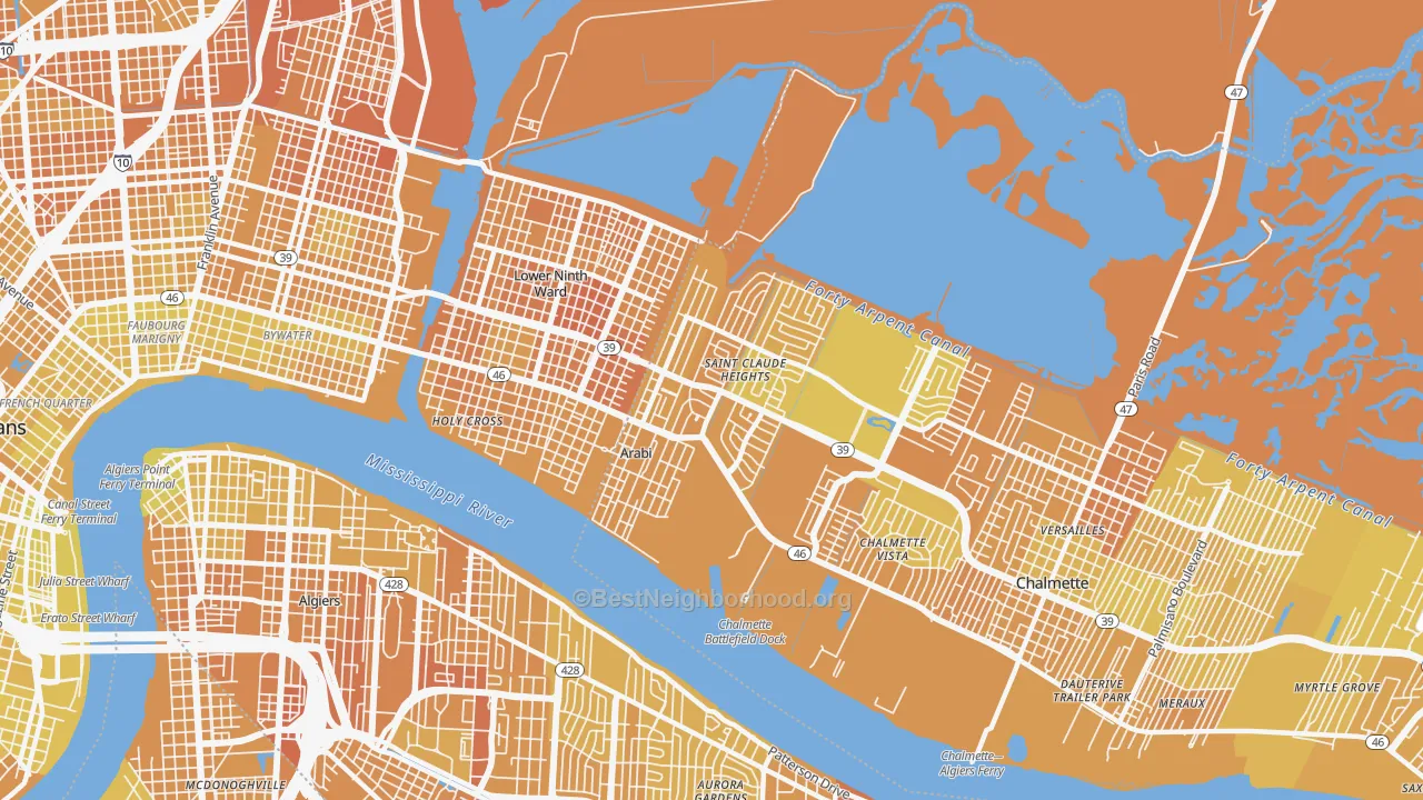 Map of the best neighborhoods in the 70032 area, with better matches in green and worse matches in red