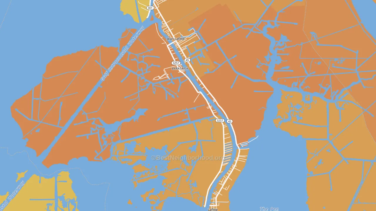 Map of the best neighborhoods in the 70036 area, with better matches in green and worse matches in red