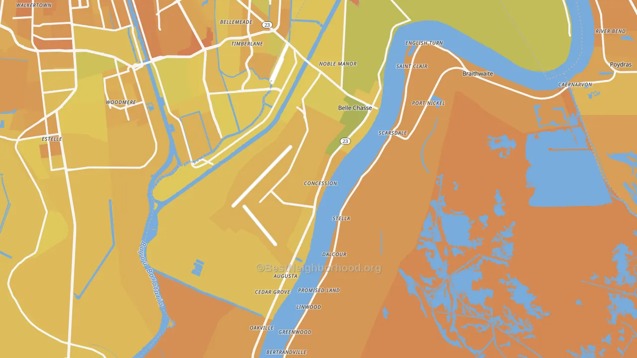 Map of the best neighborhoods in the 70037 area, with better matches in green and worse matches in red
