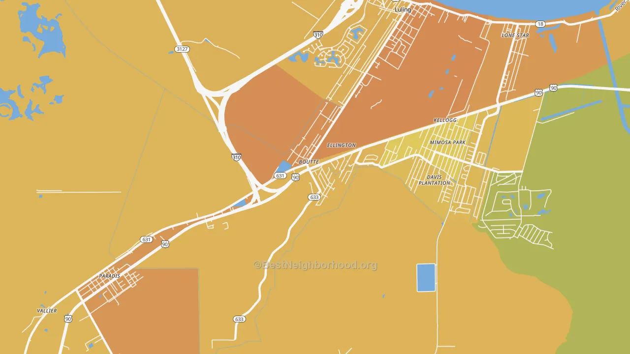 Map of the best neighborhoods in the 70039 area, with better matches in green and worse matches in red