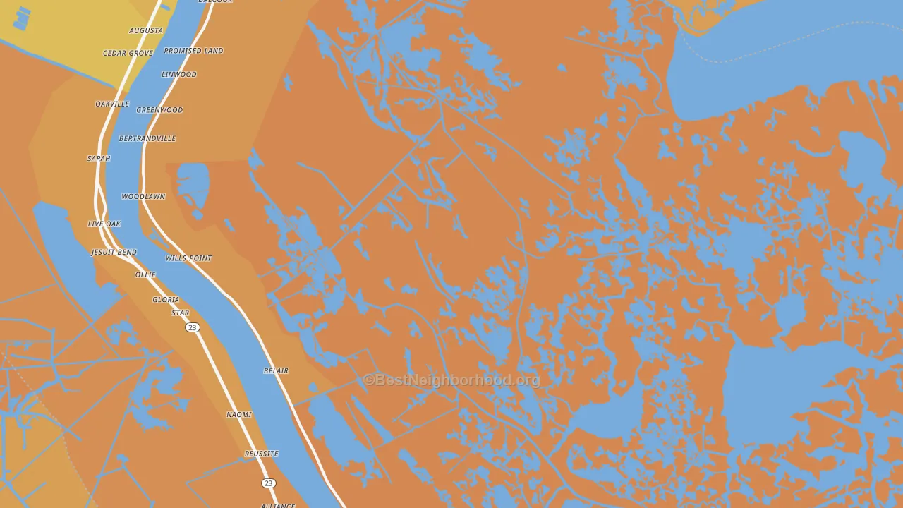 Map of the best neighborhoods in the 70040 area, with better matches in green and worse matches in red