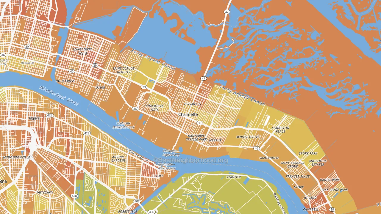 Map of the best neighborhoods in the 70043 area, with better matches in green and worse matches in red
