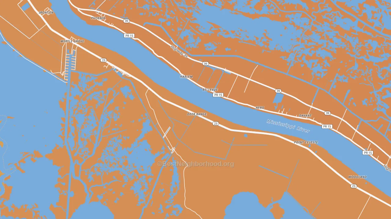 Map of the best neighborhoods in the 70046 area, with better matches in green and worse matches in red