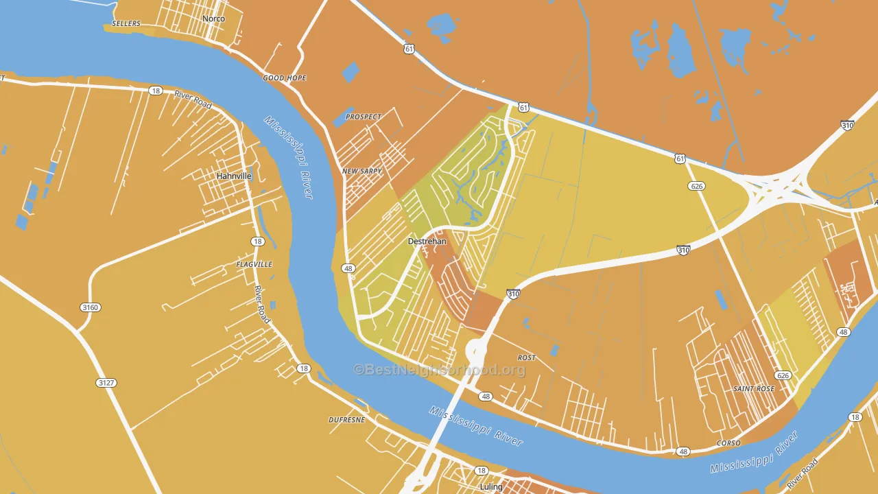 Map of the best neighborhoods in the 70047 area, with better matches in green and worse matches in red