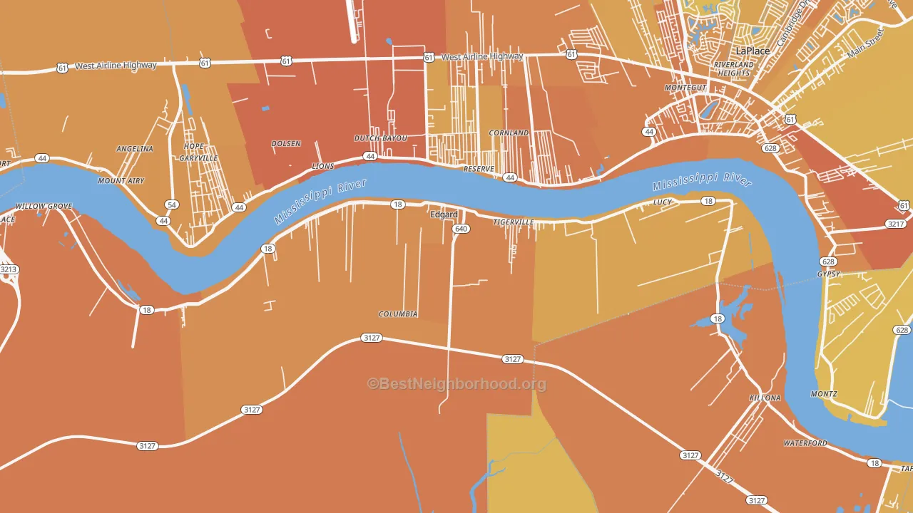 Map of the best neighborhoods in the 70049 area, with better matches in green and worse matches in red