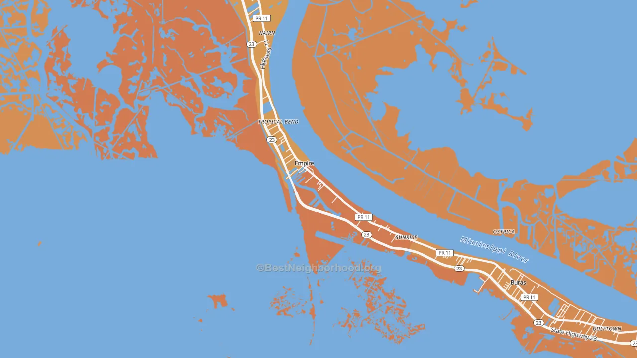 Map of the best neighborhoods in the 70050 area, with better matches in green and worse matches in red