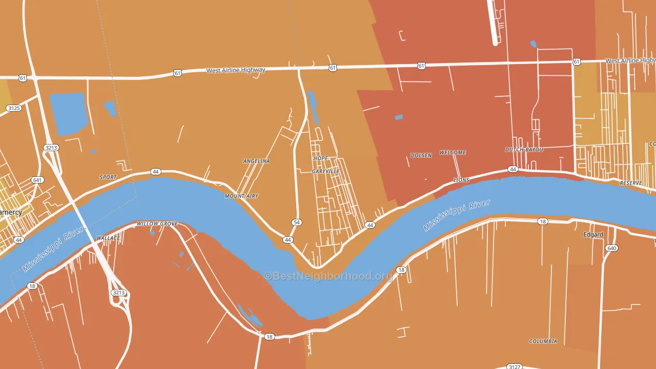 Map of the best neighborhoods in the 70051 area, with better matches in green and worse matches in red
