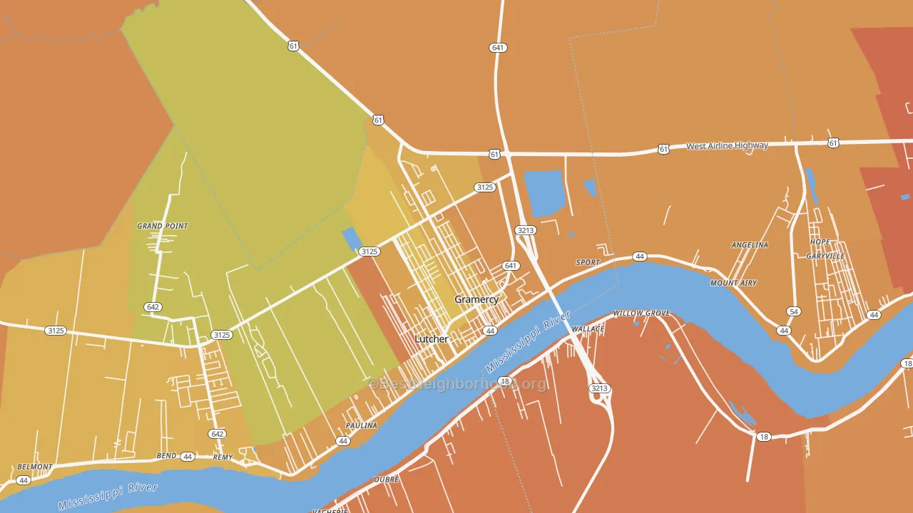 Map of the best neighborhoods in the 70052 area, with better matches in green and worse matches in red