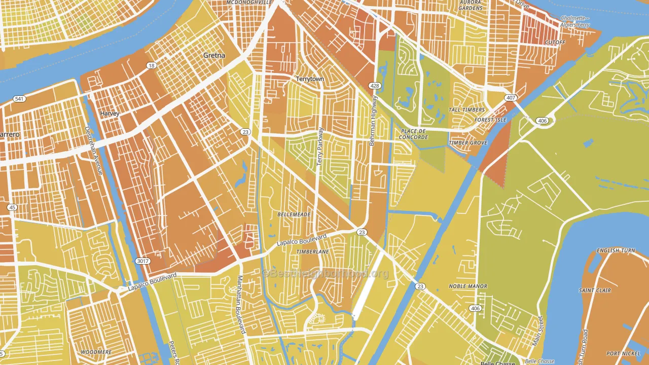 Map of the best neighborhoods in the 70056 area, with better matches in green and worse matches in red