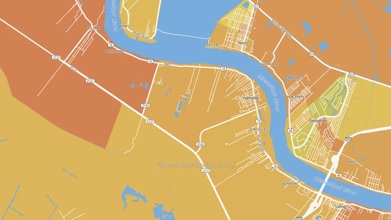 Map of the best neighborhoods in the 70057 area, with better matches in green and worse matches in red