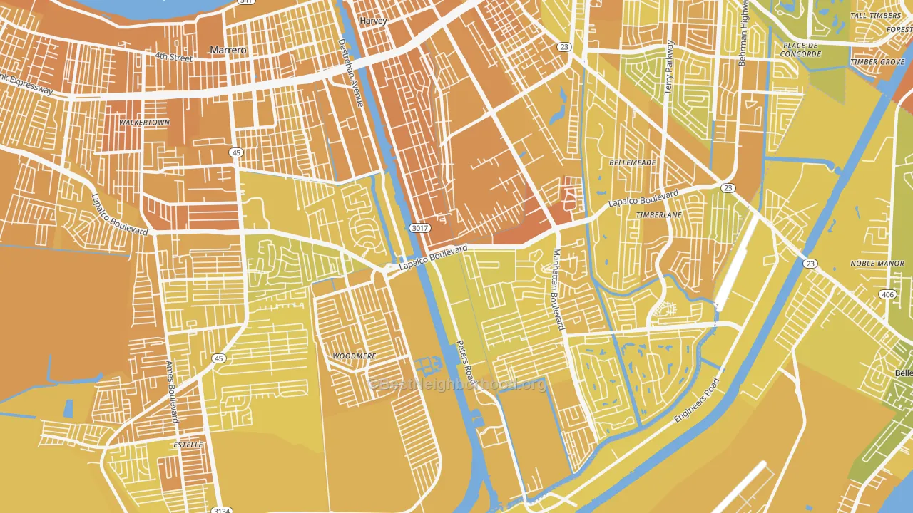 Map of the best neighborhoods in the 70058 area, with better matches in green and worse matches in red