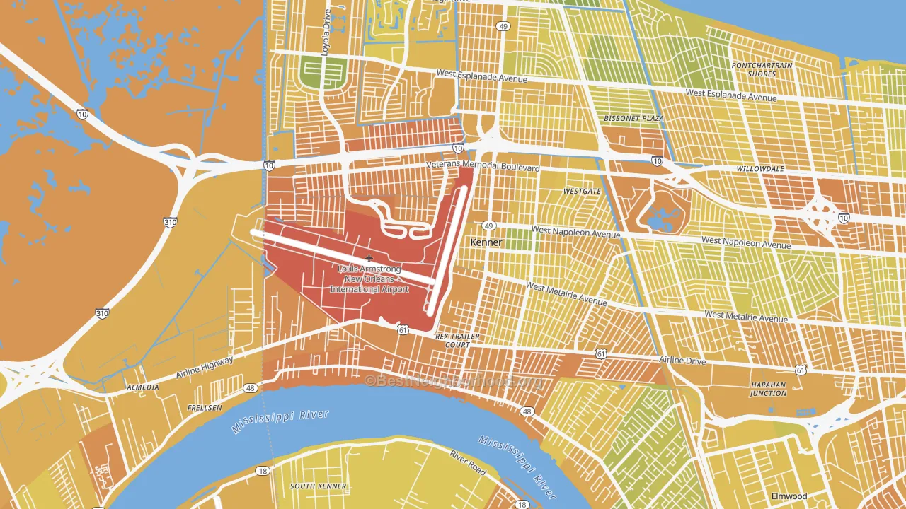 Map of the best neighborhoods in the 70062 area, with better matches in green and worse matches in red