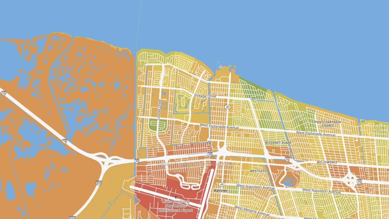Map of the best neighborhoods in the 70065 area, with better matches in green and worse matches in red