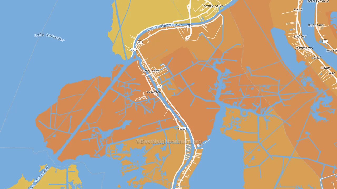 Map of the best neighborhoods in the 70067 area, with better matches in green and worse matches in red