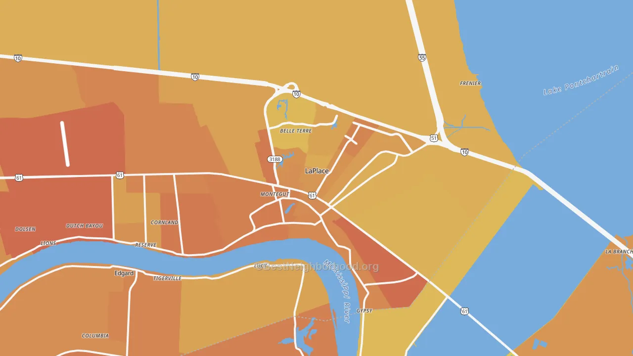 Map of the best neighborhoods in the 70068 area, with better matches in green and worse matches in red
