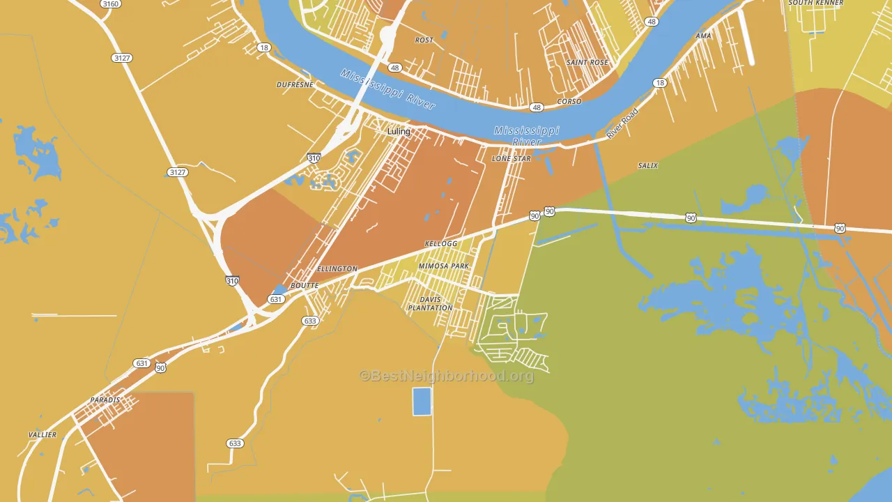 Map of the best neighborhoods in the 70070 area, with better matches in green and worse matches in red