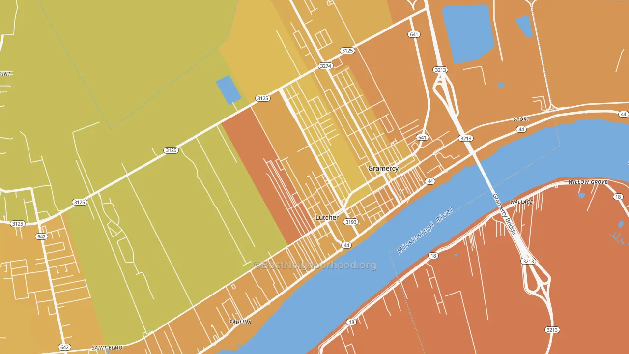 Map of the best neighborhoods in the 70071 area, with better matches in green and worse matches in red