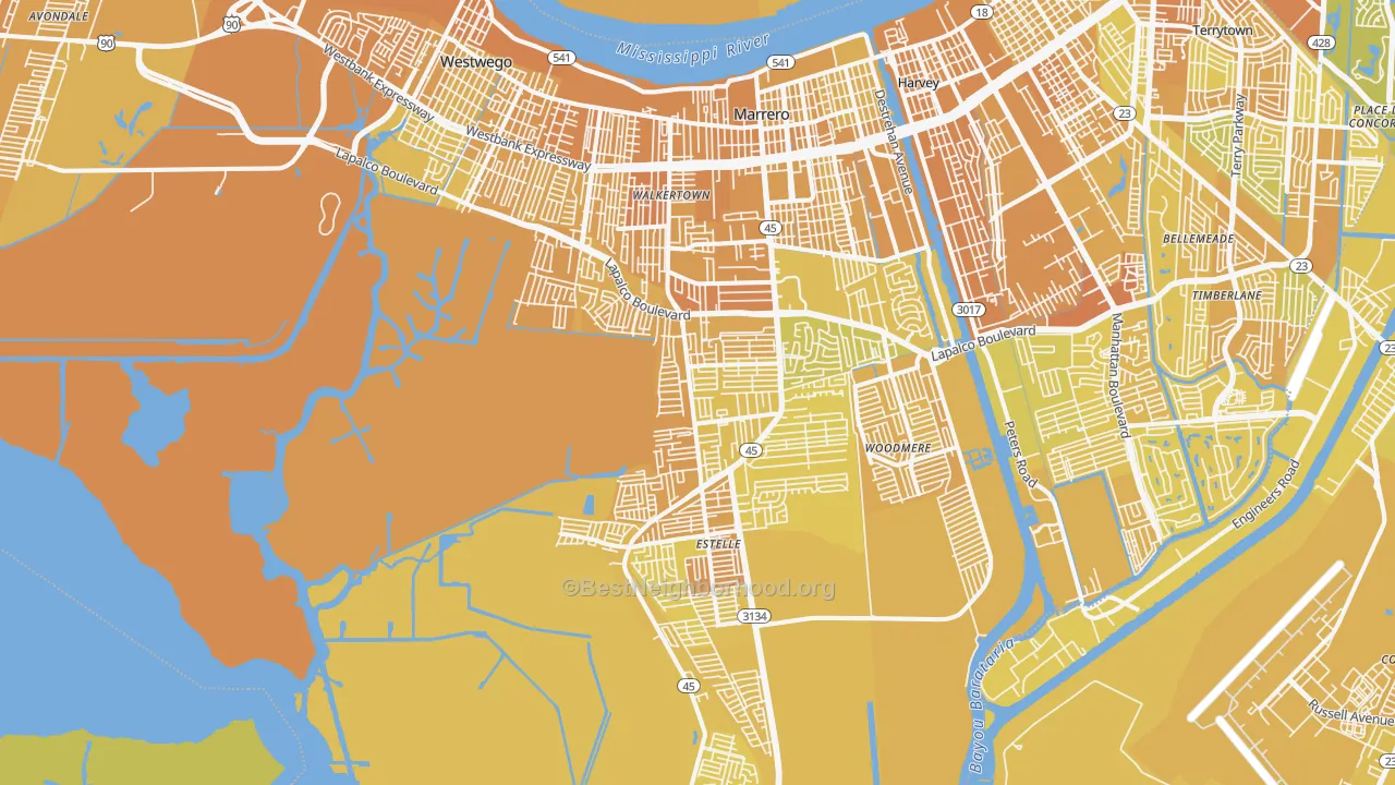 Map of the best neighborhoods in the 70072 area, with better matches in green and worse matches in red