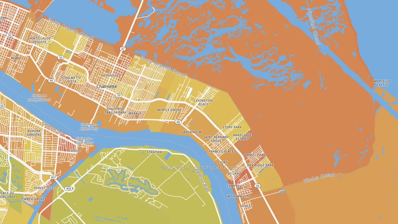 Map of the best neighborhoods in the 70075 area, with better matches in green and worse matches in red