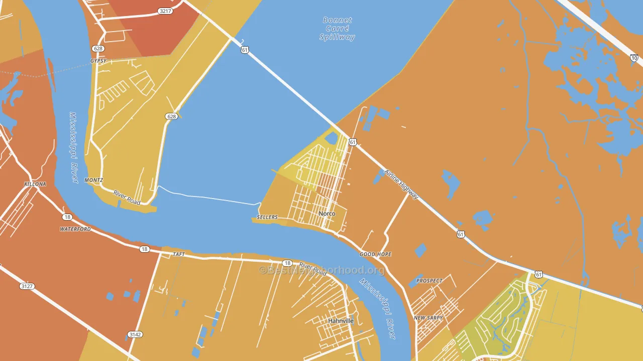 Map of the best neighborhoods in the 70079 area, with better matches in green and worse matches in red