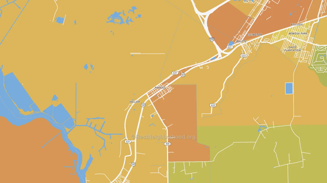 Map of the best neighborhoods in the 70080 area, with better matches in green and worse matches in red