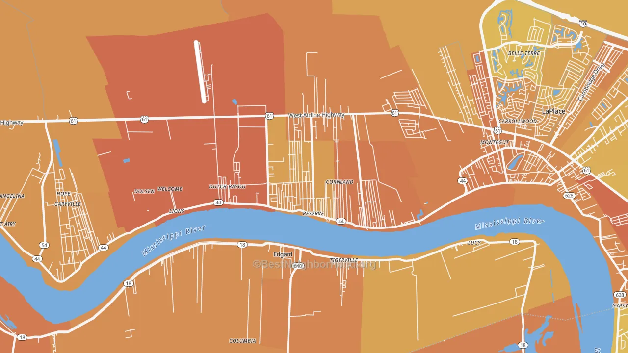 Map of the best neighborhoods in the 70084 area, with better matches in green and worse matches in red
