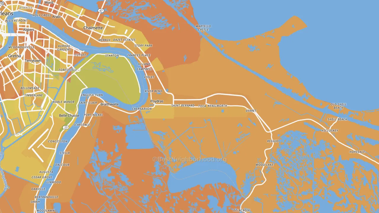 Map of the best neighborhoods in the 70085 area, with better matches in green and worse matches in red