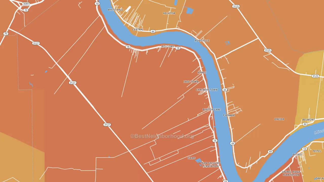 Map of the best neighborhoods in the 70086 area, with better matches in green and worse matches in red