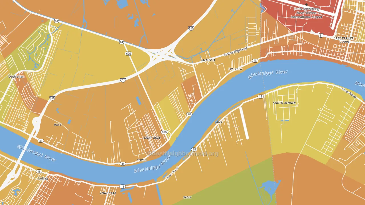 Map of the best neighborhoods in the 70087 area, with better matches in green and worse matches in red