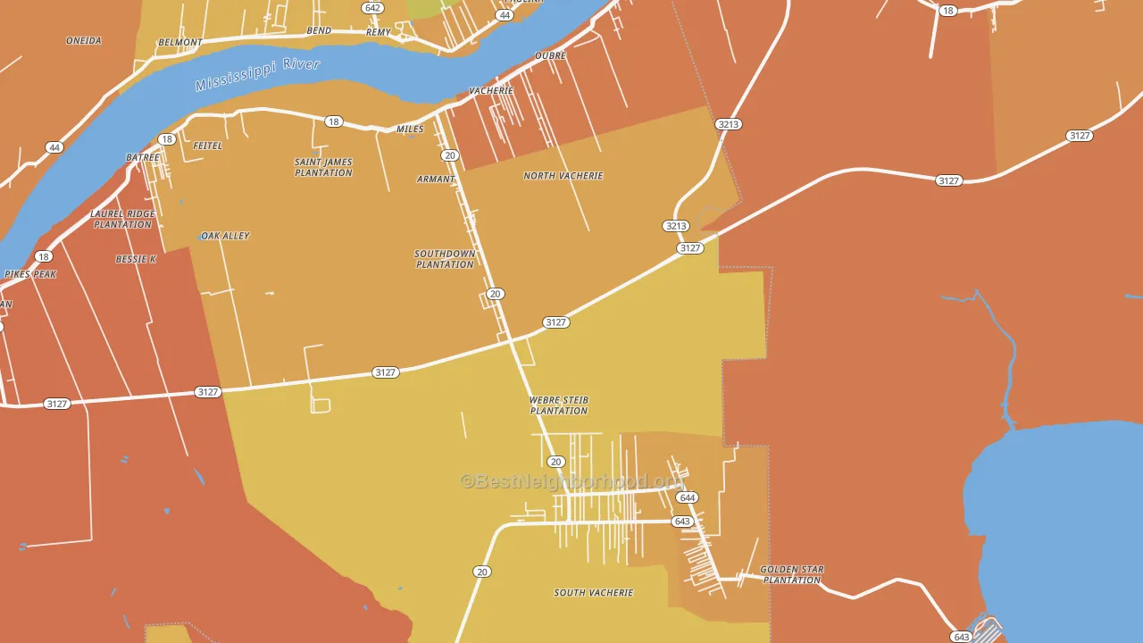 Map of the best neighborhoods in the 70090 area, with better matches in green and worse matches in red