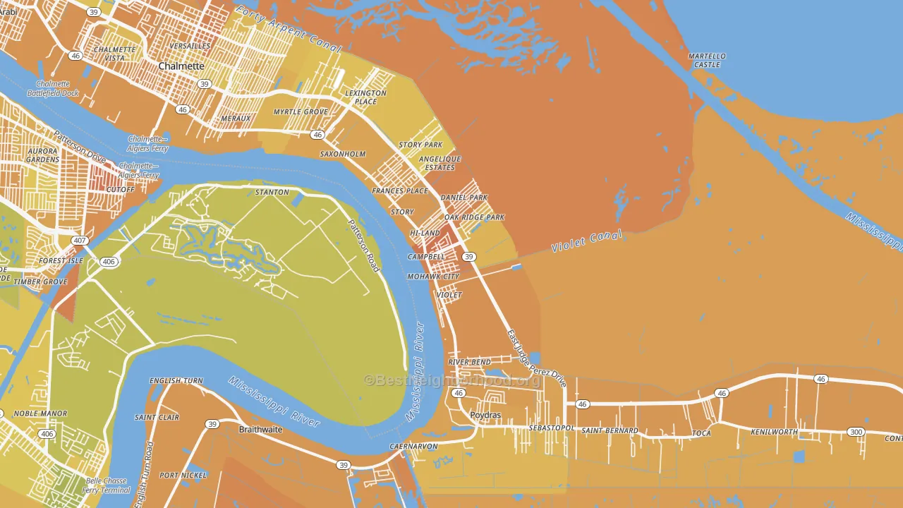 Map of the best neighborhoods in the 70092 area, with better matches in green and worse matches in red