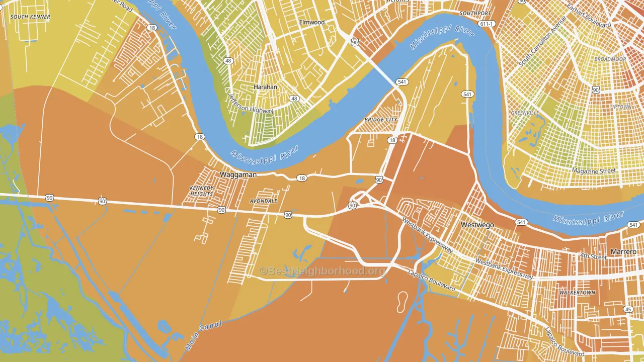 Map of the best neighborhoods in the 70094 area, with better matches in green and worse matches in red