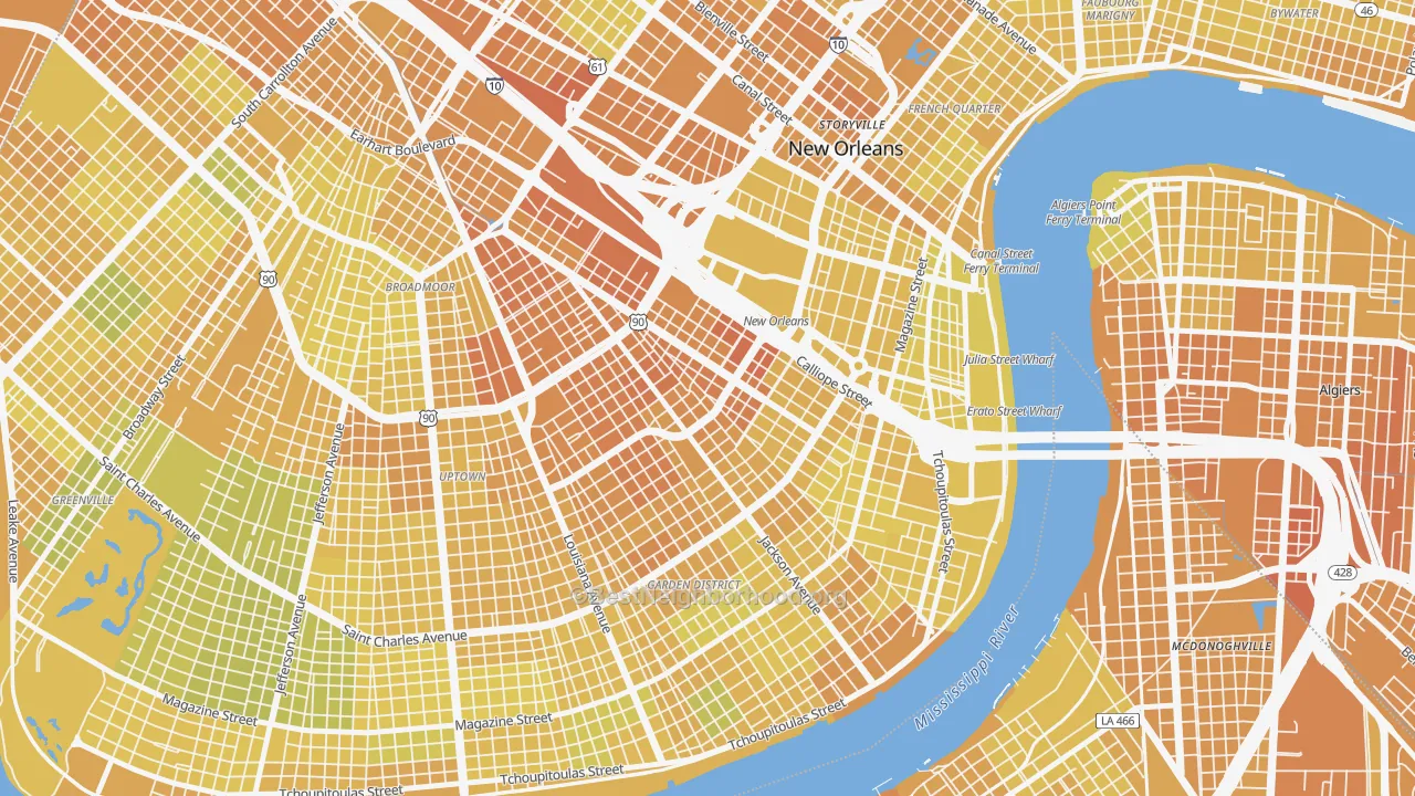 Map of the best neighborhoods in the 70113 area, with better matches in green and worse matches in red