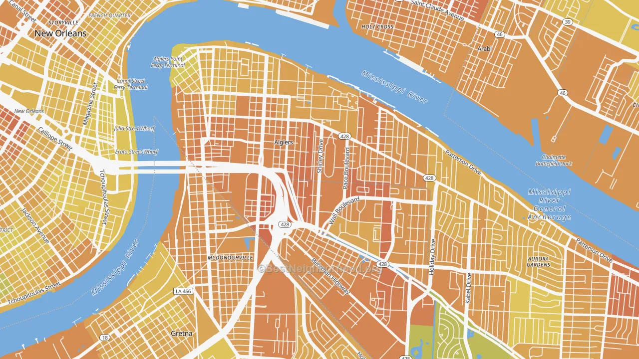 Map of the best neighborhoods in the 70114 area, with better matches in green and worse matches in red