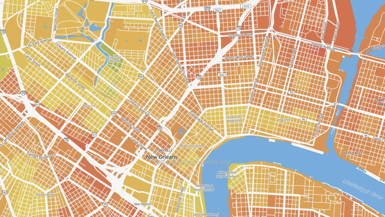 Map of the best neighborhoods in the 70116 area, with better matches in green and worse matches in red