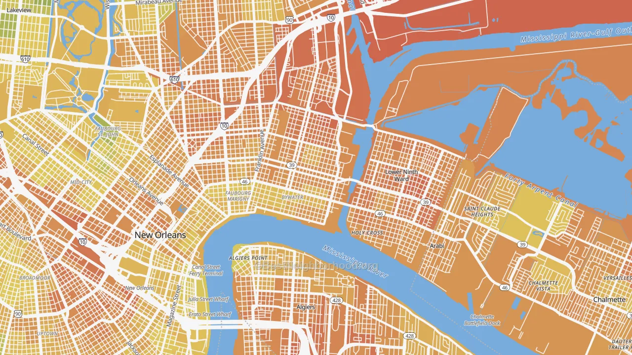 Map of the best neighborhoods in the 70117 area, with better matches in green and worse matches in red