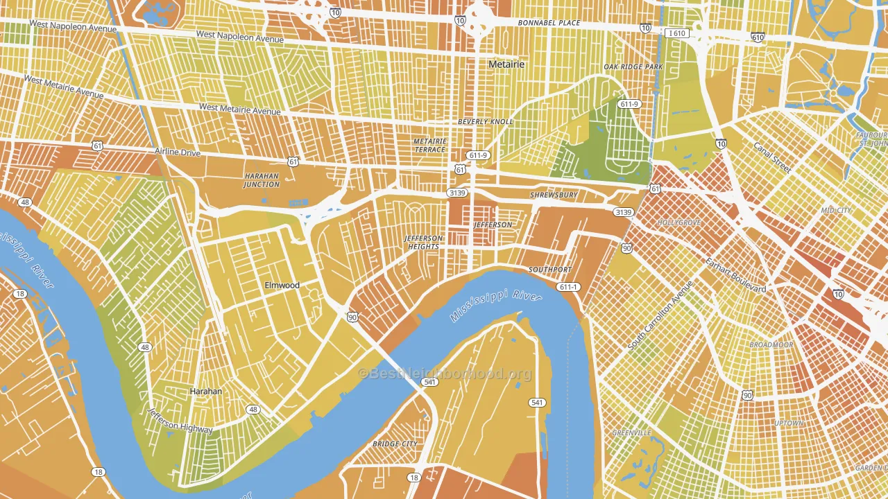 Map of the best neighborhoods in the 70121 area, with better matches in green and worse matches in red