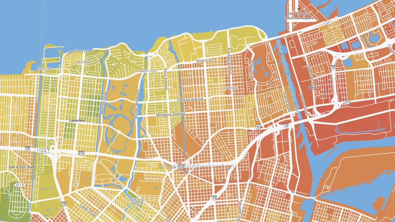 Map of the best neighborhoods in the 70122 area, with better matches in green and worse matches in red
