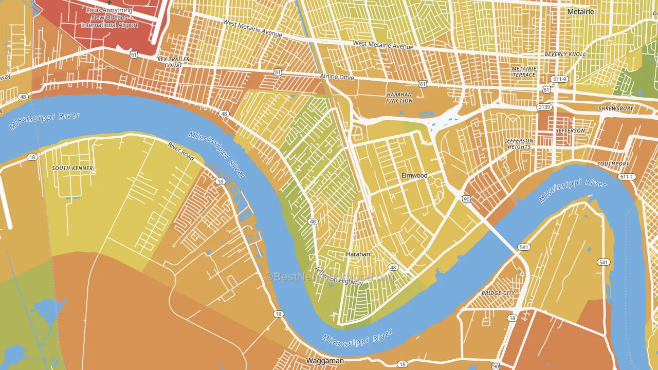 Map of the best neighborhoods in the 70123 area, with better matches in green and worse matches in red