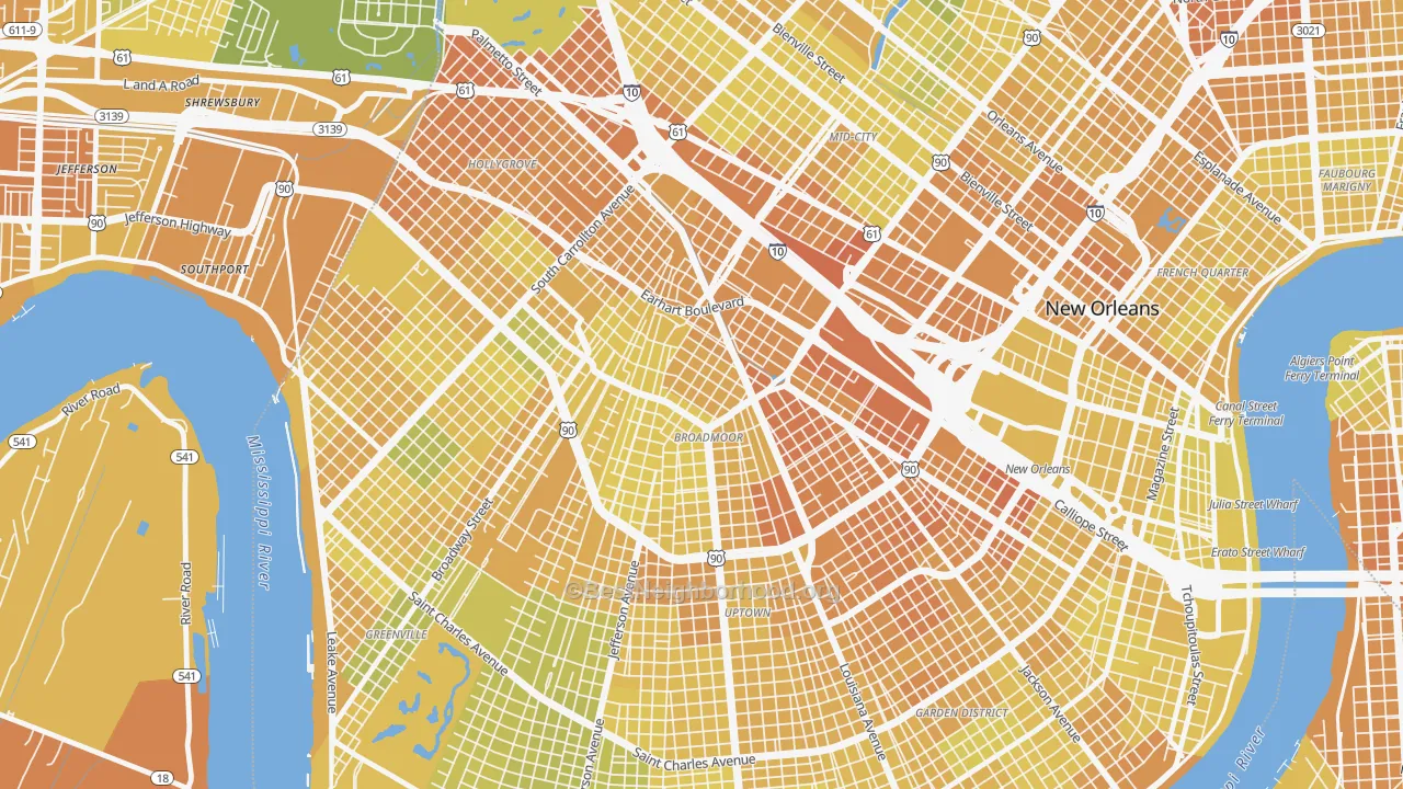 Map of the best neighborhoods in the 70125 area, with better matches in green and worse matches in red