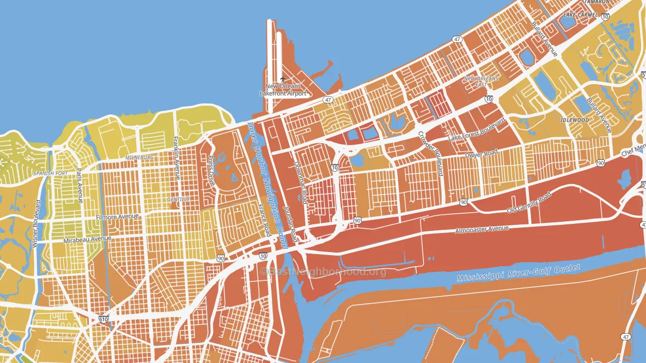 Map of the best neighborhoods in the 70126 area, with better matches in green and worse matches in red